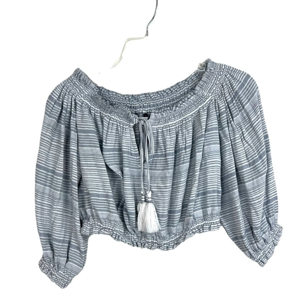 American Eagle striped Crop Top peasant boho Sz XS gray white 3/4 sleeve blouse